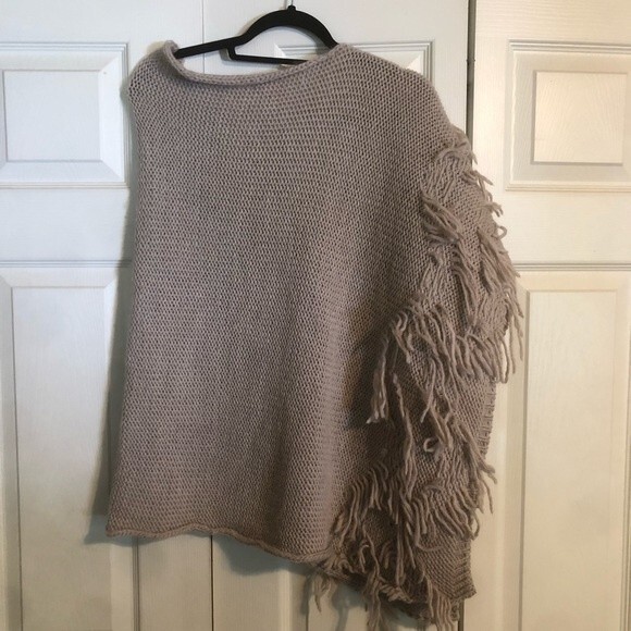 NARDI & TAGLIAFERRI Wool Alpaca Blend Made in Italy Tan Khaki Poncho Fringe OSFM - Picture 4 of 4